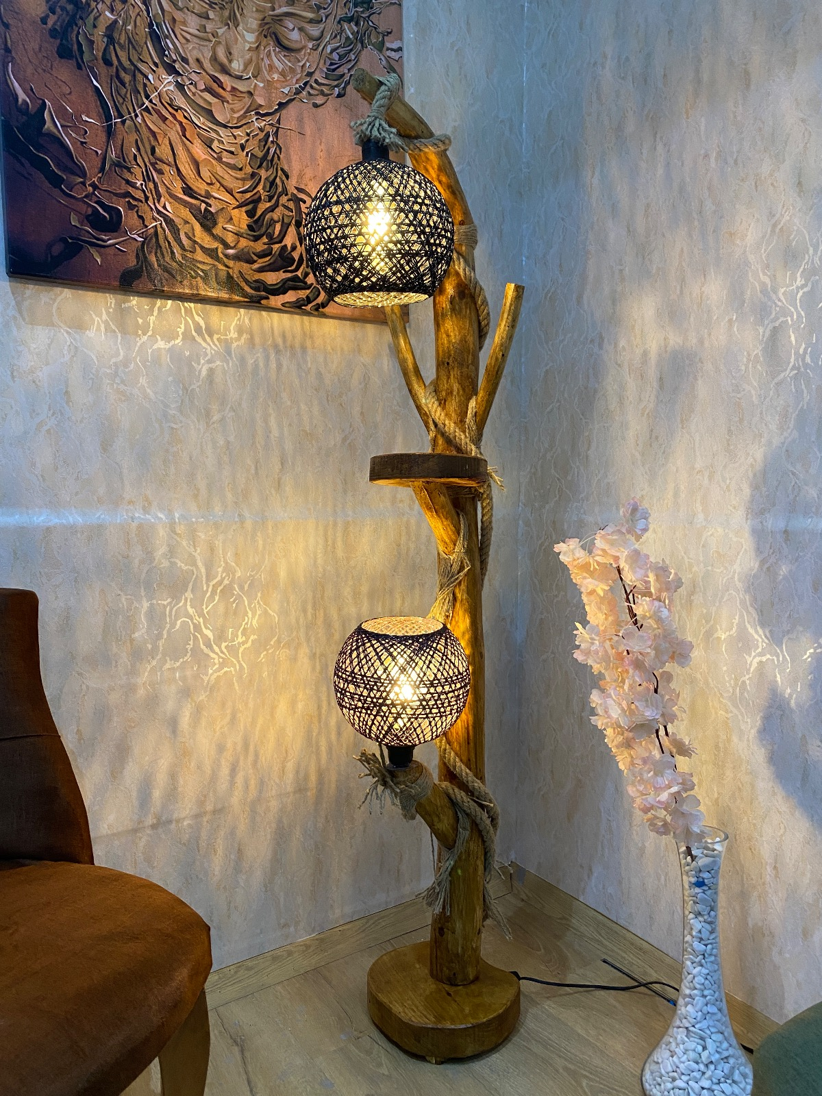Ağaç Lambader 145-150 cm Yeni Yalıkavak Serisi Siyah Yaldızlı Aydınlatma Doğal Ağaç Ahşap Lambader